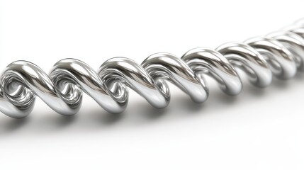 Shiny metallic helix cable on white background with twisted spiral design
