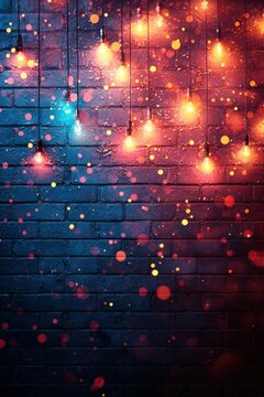 Colorful string lights glowing against a dark brick wall, creating a festive ambiance.