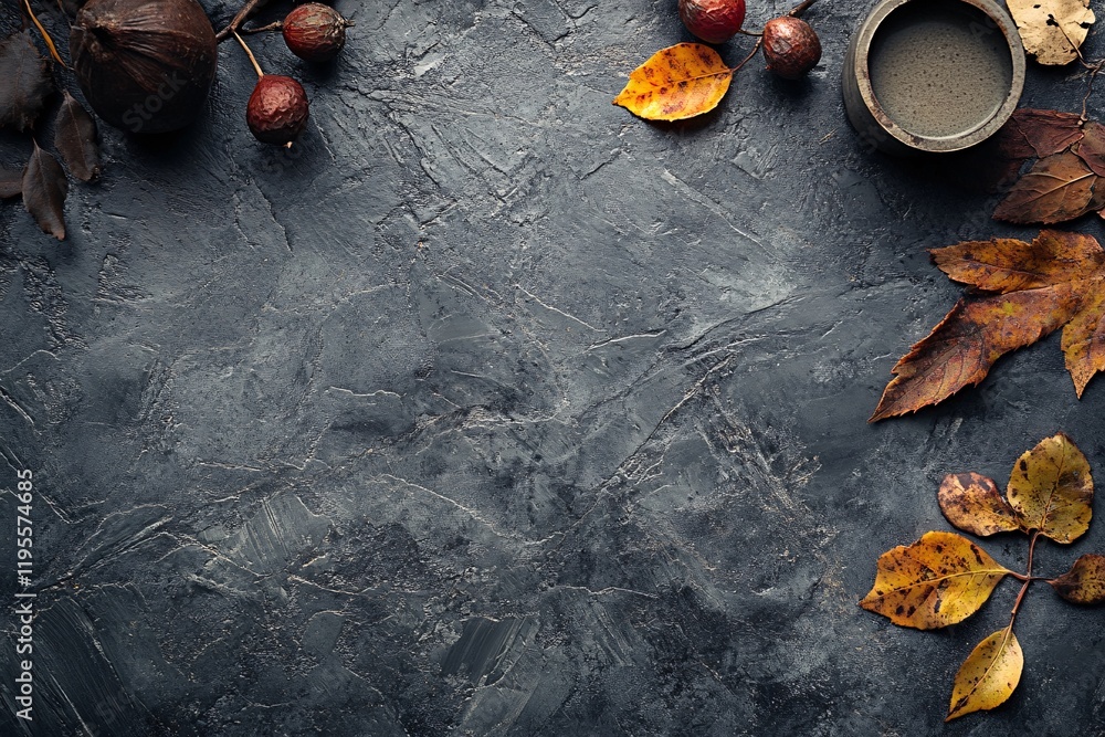 Poster autumn decoration on dark background creating copy space for thanksgiving or halloween messages