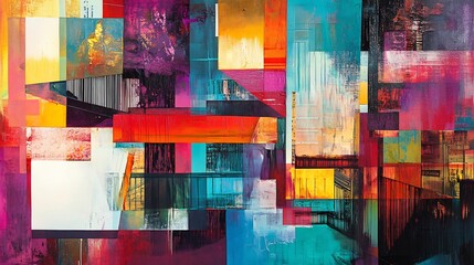 Vibrant abstract painting features bold geometric shapes layered dynamically rich jewel tones create a captivating visual experience. AI Generated
