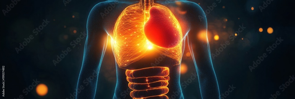 Poster glowing human torso with vibrant red focus illuminating the abdominal area in a dark environment. ge