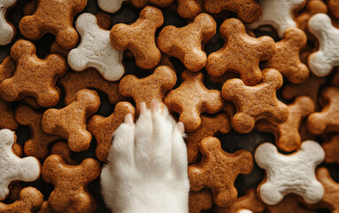 Fototapeta premium A dog's paw resting on a pile of dry pet food of various colors and shapes, top view.