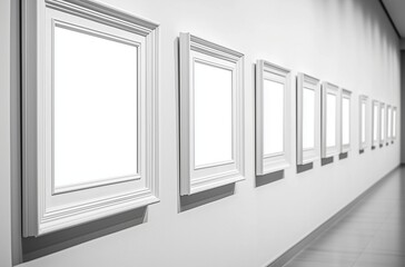 Fototapeta premium Black and white shot of blank white frames in a gallery.