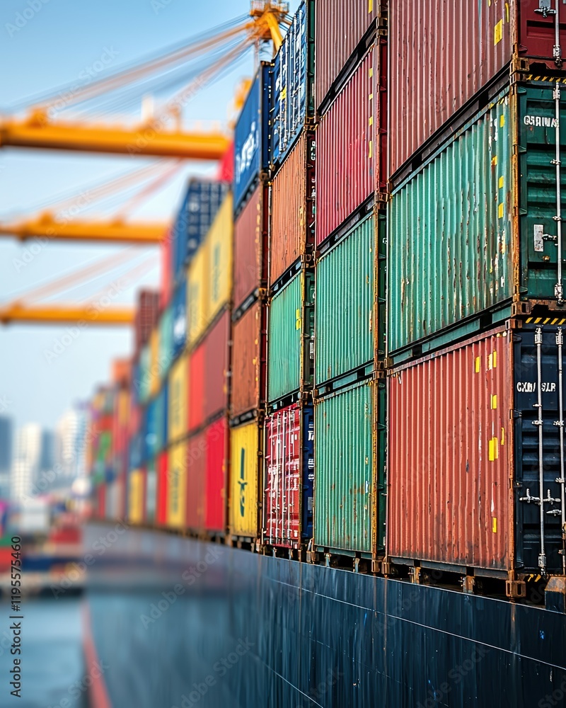 Poster a vibrant array of shipping containers stacked at a busy port.