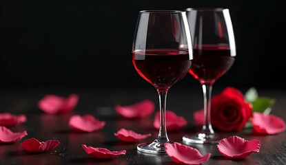 Two glasses of red wine with roses celebrating romance