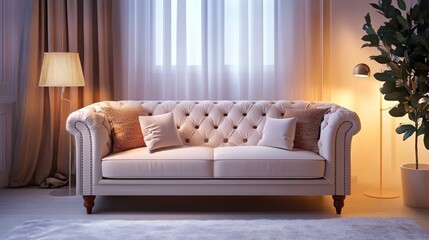 Fototapeta premium Highly realistic living room with a comfortable sofa and night lighting.