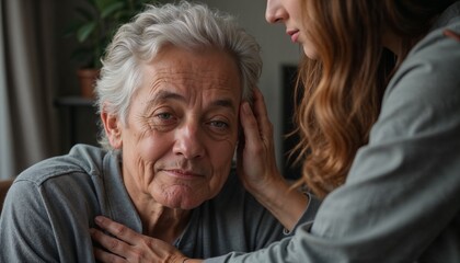 Elderly person with caregiver showing empathy and support during dementia experience at home