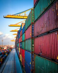 Fototapeta premium Colorful shipping containers stacked at a busy port.