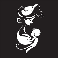 Happy Mother with her baby child. Woman holding baby. Black silhouette    