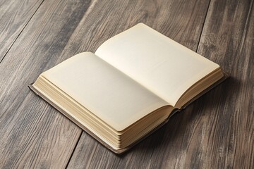 Fototapeta premium Open book lying on wooden table with blank pages