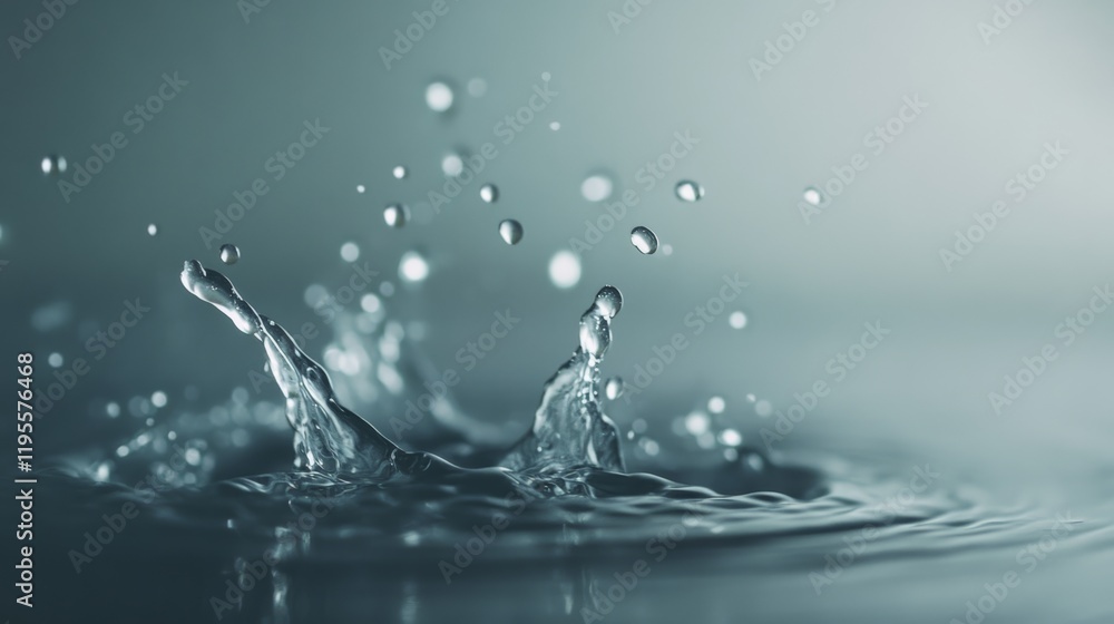 Poster Clean water is splashing and forming ripples, drops, and bubbles on a turquoise surface, creating a refreshing and dynamic scene with a blurred background