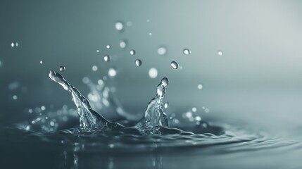 Clean water is splashing and forming ripples, drops, and bubbles on a turquoise surface, creating a refreshing and dynamic scene with a blurred background