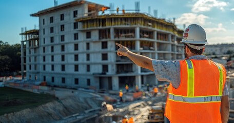 Male construction worker in safety gear directing operations at a building site.