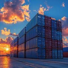 Fototapeta premium Colorful sunset behind stacked shipping containers at a port