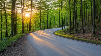 Obraz premium Scenic Winding Road Through Lush Green Forest at Sunset
