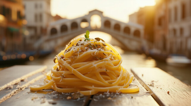 Bigoli pasta coated in a rich anchovy and onion sauce with the background of Rialto Bridge in Venice, Italian Cuisine