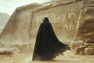 mysterious figure in flowing cloak stands before ancient hieroglyphs, evoking intrigue