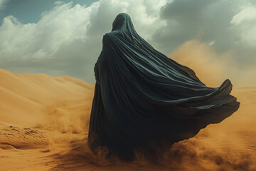 mysterious figure in flowing cloak walks through sandy desert landscape