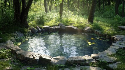 Serene forest pond surrounded by lush greenery and stone border
