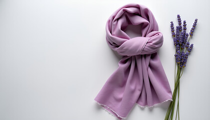 Spring women’s accessories: soft lavender scarf arranged with fresh lavender