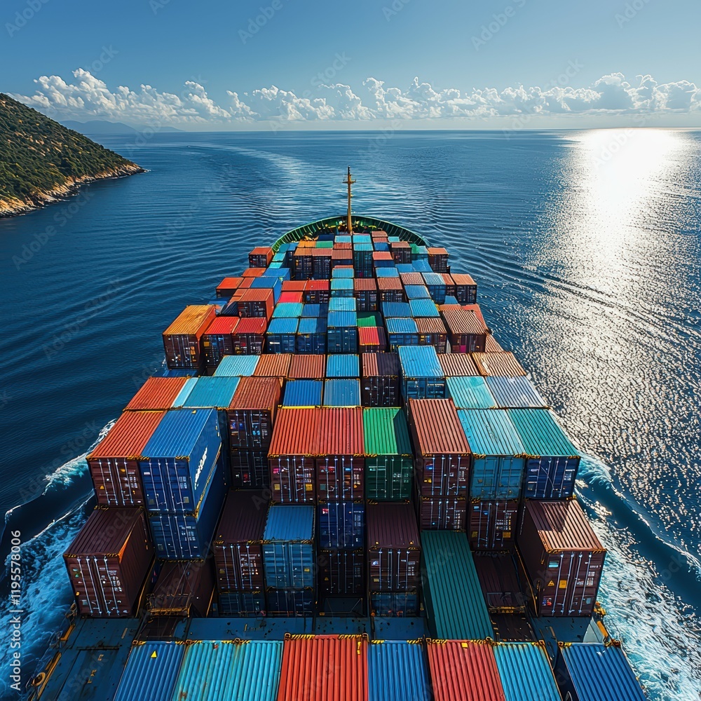 Poster aerial view of a cargo ship loaded with colorful containers sailing in calm waters.