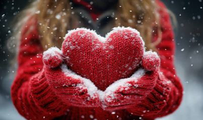 Obraz premium Female hands in knitted mittens with heart of snow in winter day. Love concept. Valentine day background.