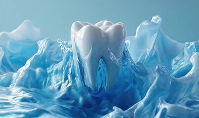 Fototapeta premium Frozen shiny white tooth photo on blue background presented in a surrealistic style