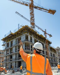 Male construction worker in safety gear oversees building site under a clear blue sky.