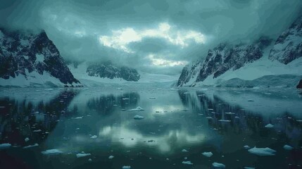 Fototapeta premium Majestic Antarctic fjord reflecting snowy mountains and icebergs.