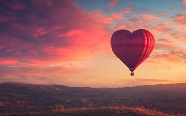 Fototapeta premium A beautiful red hot air balloon with a basket soars in the sky against the backdrop of stunning clouds.