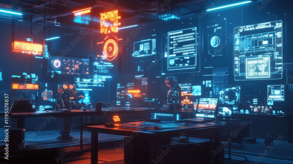 Fototapete Dynamic workspace featuring digital avatars interacting with advanced technology in a futuristic environment. Generative AI