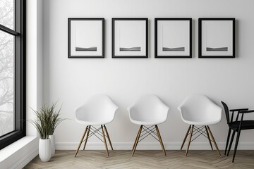 Black photo frames arranged on a white wall for decor.