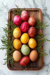 Multicolored Easter eggs on wooden tray with greenery accents