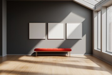 Fototapeta premium White frames in a gallery with gray walls and a red bench.