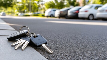 Close view of car keys resting on the edge of an asphalt road with cars in motion and bright sunlight, symbolizing a lost key situation