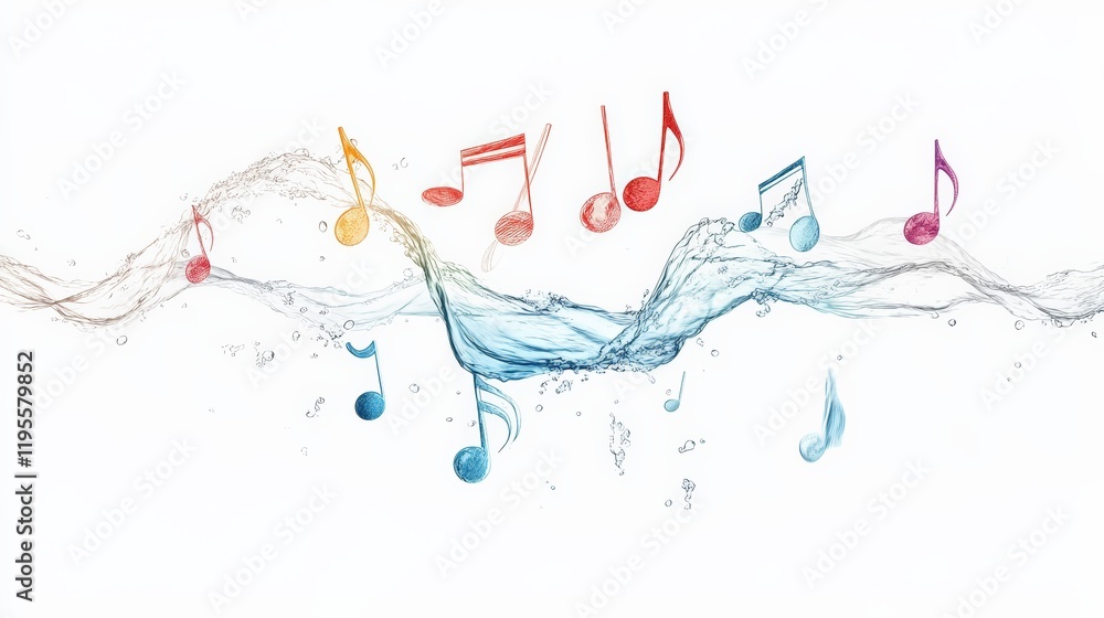 Poster colorful music notes are floating and dancing on a transparent wave of pure water, creating a vibran