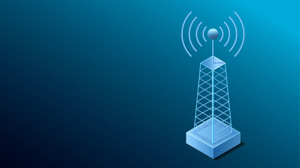 Isometric transmission tower. Connection signal antenna. Wifi internet network on blue background. Communication telecom wireless tower for 5g mobile technologies.