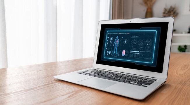 Medical science technology and futuristic healthcare virtual computer software analyze human health and diagnose disease for doctor data and medical research. brisk
