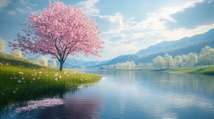 Serene spring landscape with blossoming cherry tree by tranquil river