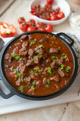 Paprika goulash with half pork and half beef meat in a delicious spicy sauce fresh and homemade cooked