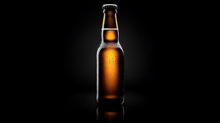 Cold beer bottle, studio shot, black background, condensation, advertising
