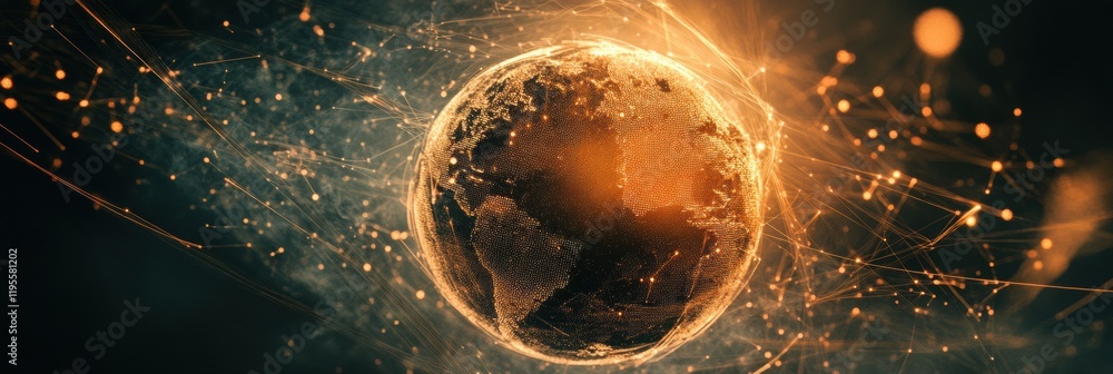 Poster Glowing digital globe illuminated by flowing lines and points showcasing a futuristic connection network. Generative AI