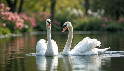 Fototapeta premium Two elegant swans swimming together on a tranquil pond with blooming flowers