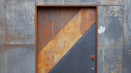 A back door with a bold diagonal split of metal and wood 