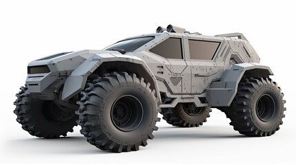 Futuristic off-road armored truck with rugged design and massive tires