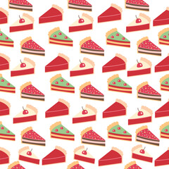 Seamless pattern of slices of different cakes hand drawn