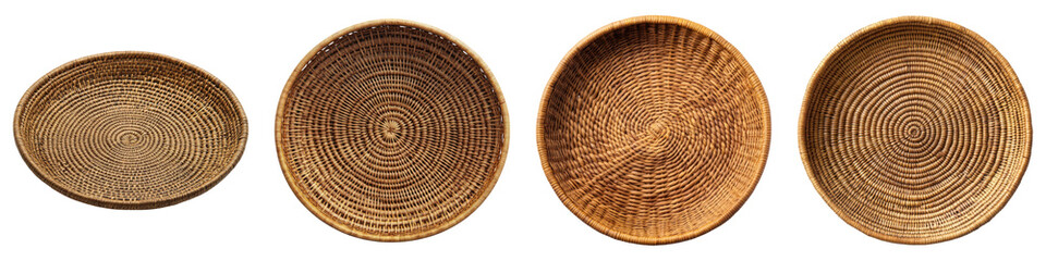 Fototapeta premium Natural rattan dish isolated on transparent background, Set of