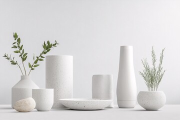 Obraz premium Modern minimalist interior design with decorative vases, plants, and white background displaying tranquil simplicity