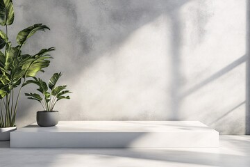 White empty platform displaying potted plants with window shadow on concrete wall