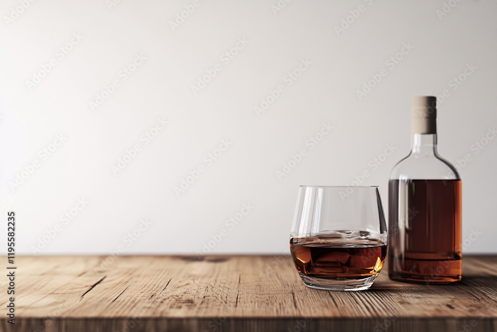 Poster glass of whisky with ice cubes and bottle resting on wooden table